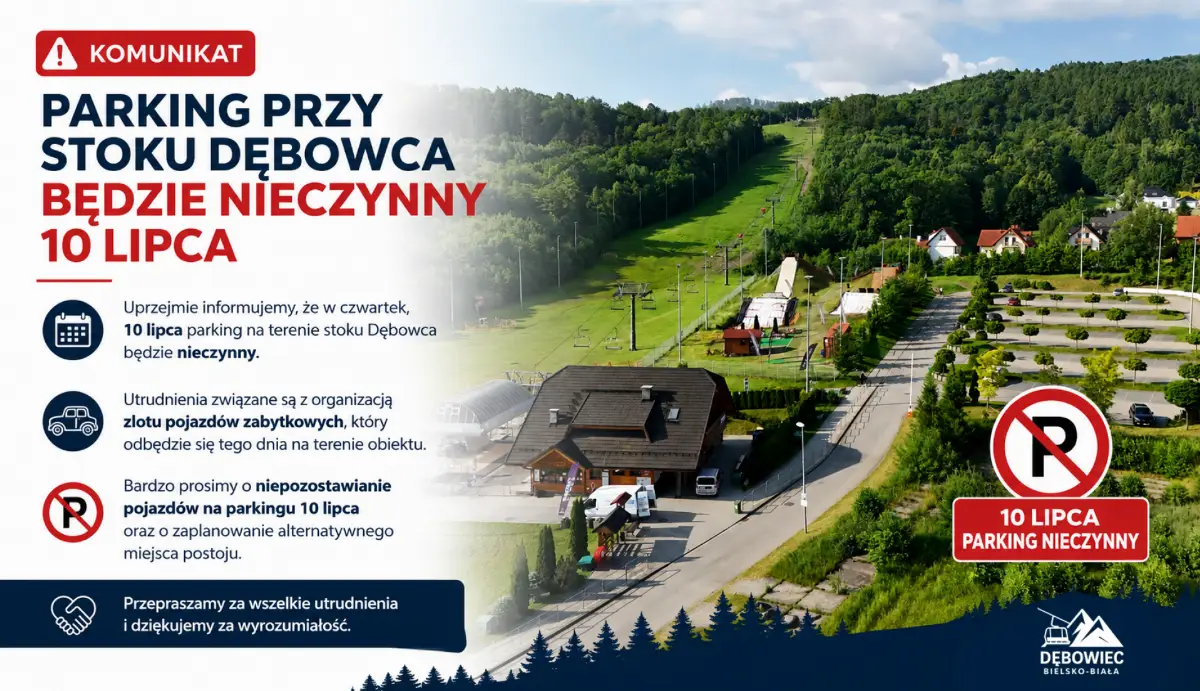 Parking przy stoku Dębowca nieczynny 10 lipca