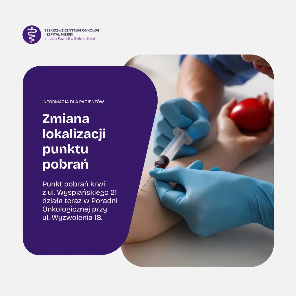 Przeniesienie punktu pobrań krwi w Beskidzkim Centrum Onkologii