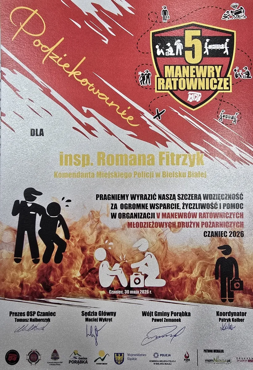 Podziękowania dla policjantów za organizację V Manewrów Ratowniczych Młodzieżowych Drużyn Pożarniczych