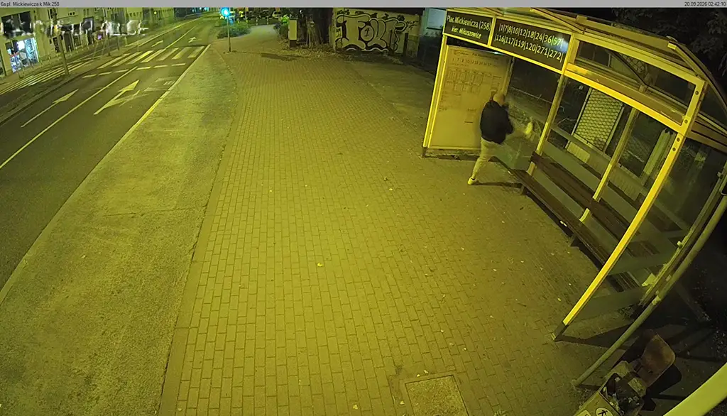 Zniszczenie wiaty autobusowej zarejestrowane przez monitoring miejski